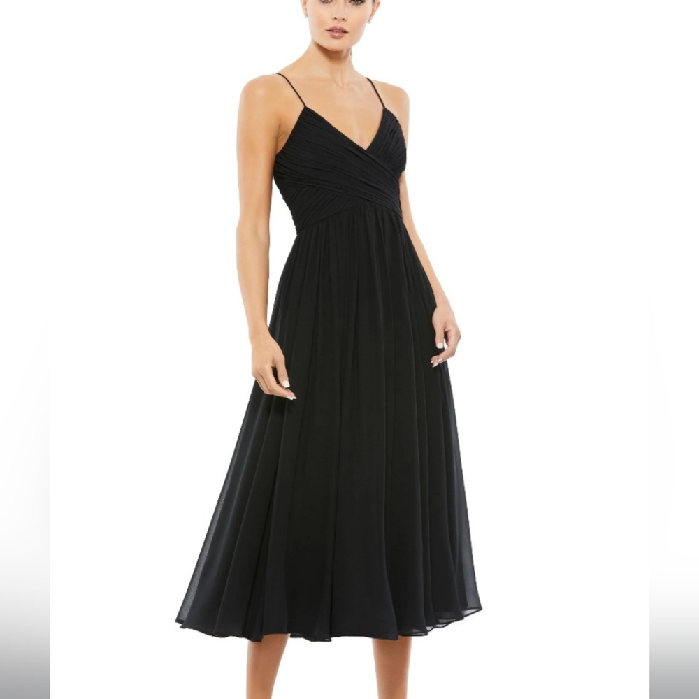 Ieena for Mac Duggal Faux Wrap Sleeveless Flowy Midi Dress Black XL NWT